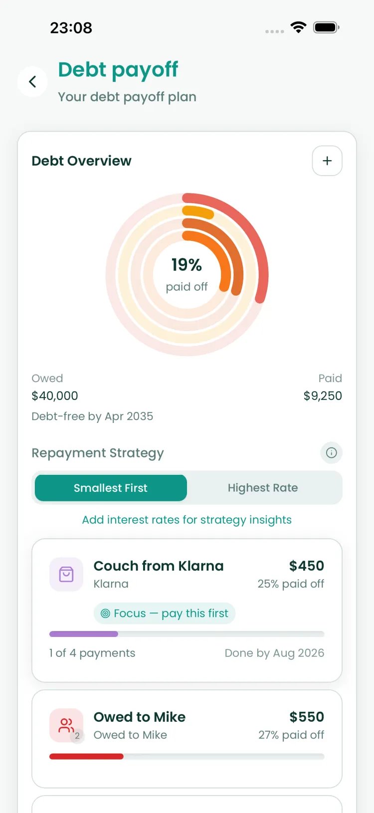 Reach debt payoff screen showing 19% paid off, debt-free date and repayment strategy options