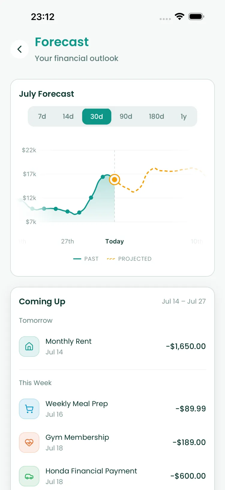 Reach forecast screen projecting account balance 30 days ahead with upcoming bills