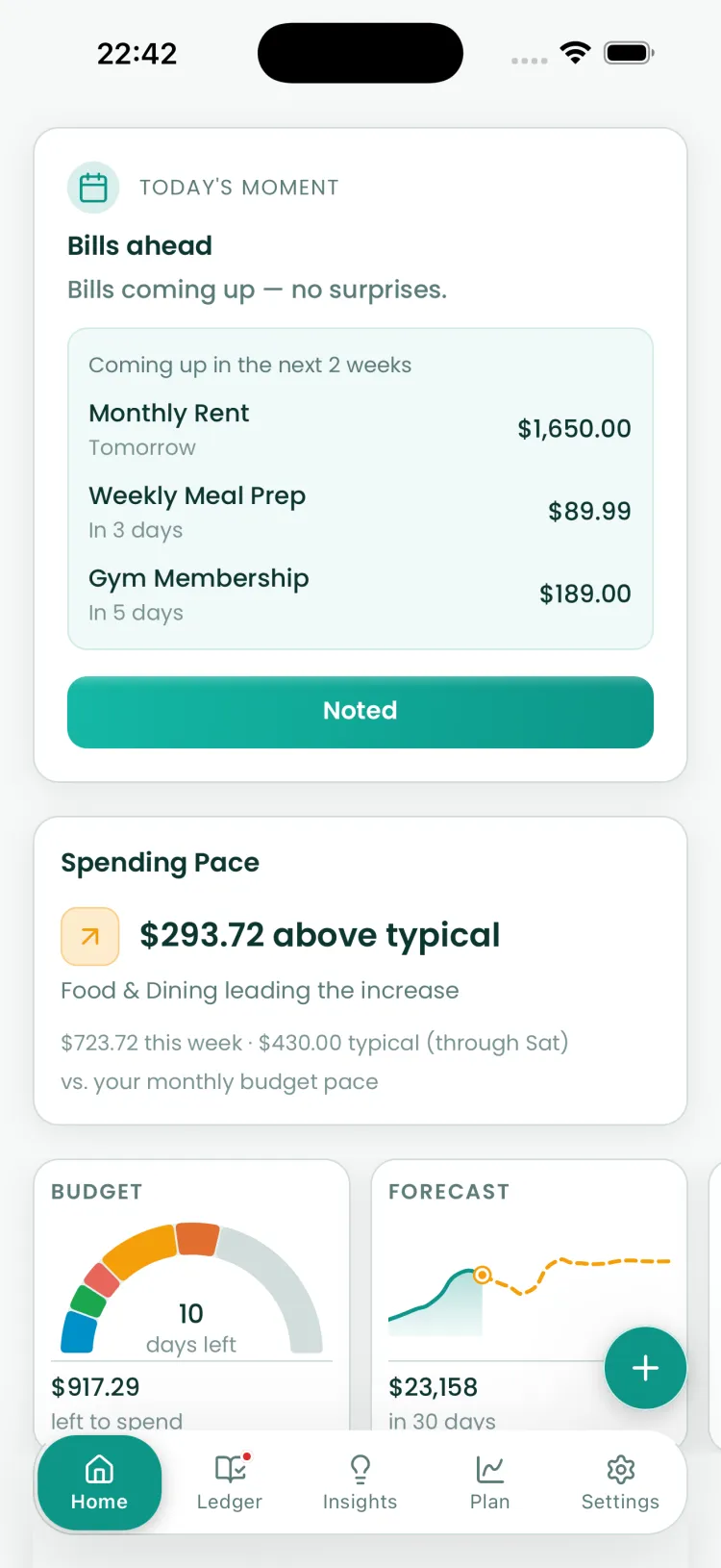 Reach Money Moment card in dark mode showing upcoming bills for the next two weeks and spending pace