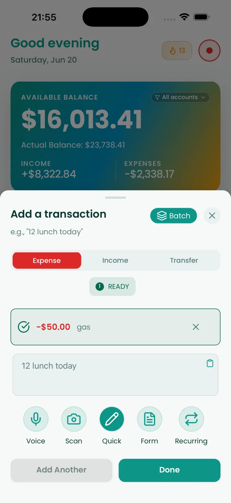 Reach add-transaction sheet parsing the phrase '12 lunch today' into a ready expense, with voice, scan, quick, form and recurring options